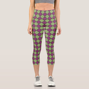Purple Green Checker Diamond Pattern Capri Leggings