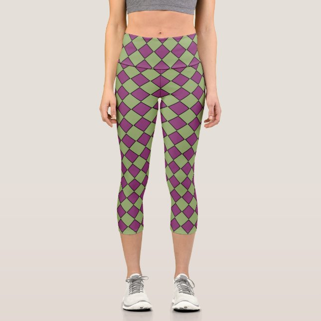 Purple Green Checker Diamond Pattern Capri Leggings (Front)