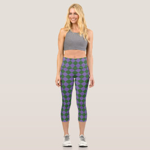 Purple Green Checker Diamond Pattern Capri Leggings