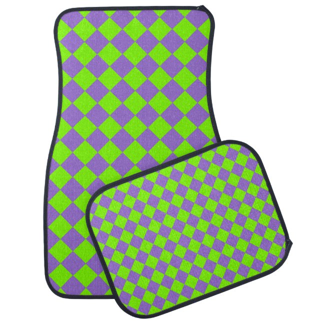 Purple Green Checker Diamond Pattern Car Floor Mat (Set)