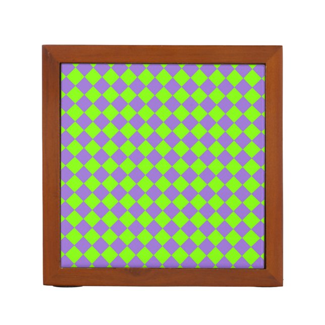 Purple Green Checker Diamond Pattern Desk Organizer (Front)