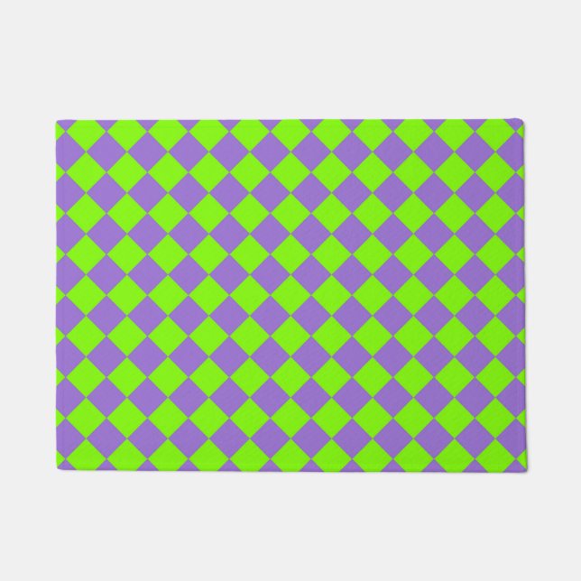 Purple Green Checker Diamond Pattern Doormat (Front)