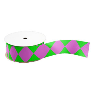 Purple Green Checker Diamond Pattern Grosgrain Ribbon