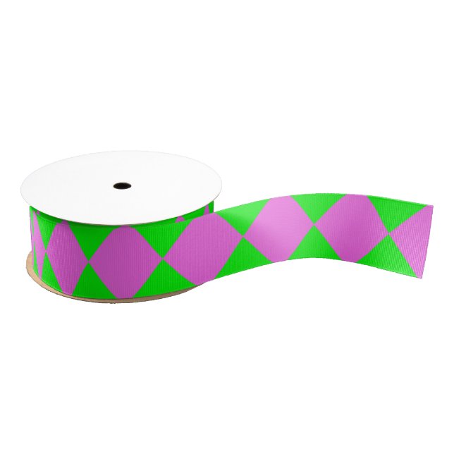 Purple Green Checker Diamond Pattern Grosgrain Ribbon (Spool)