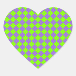 Purple Green Checker Diamond Pattern Heart Sticker