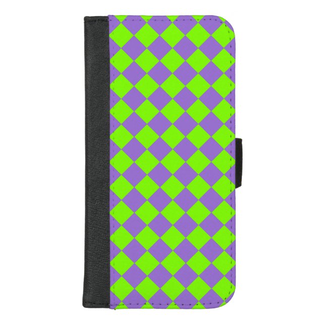 Purple Green Checker Diamond Pattern iPhone Wallet Case (Front)