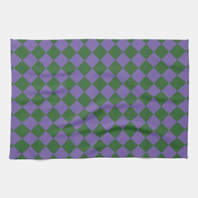 Purple Green Checker Diamond Pattern  Kitchen Towel (Horizontal)