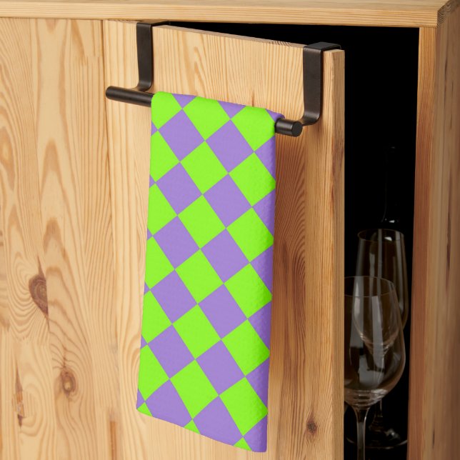 Purple Green Checker Diamond Pattern Kitchen Towel (Thirds Fold)