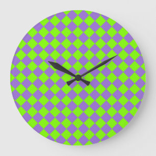 Purple Green Checker Diamond Pattern Large Clock