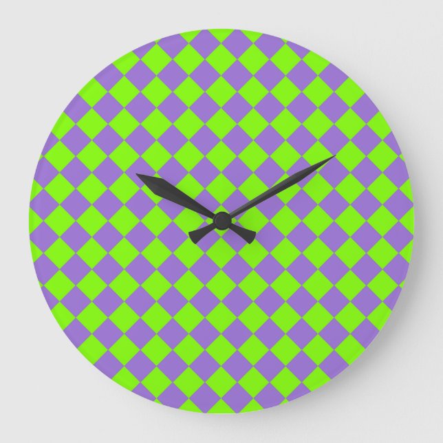 Purple Green Checker Diamond Pattern Large Clock (Front)