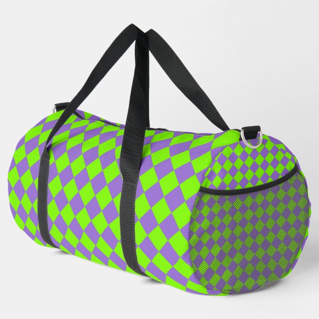 Purple Green Checker Diamond Pattern Large Duffle Bag (Right Corner)