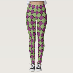 Purple Green Checker Diamond Pattern Leggings