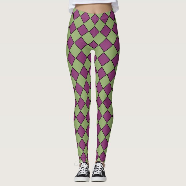 Purple Green Checker Diamond Pattern Leggings (Front)