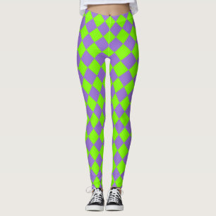 Purple Green Checker Diamond Pattern Leggings