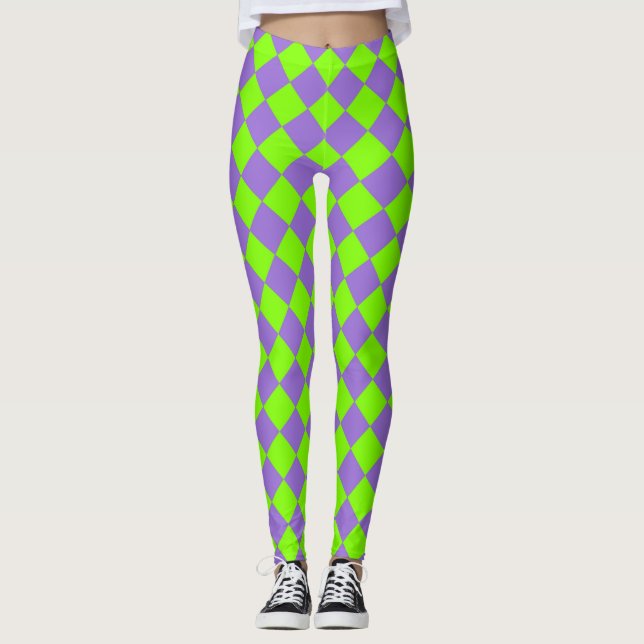 Purple Green Checker Diamond Pattern Leggings (Front)
