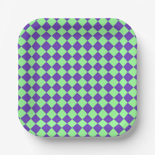Purple Green Checker Diamond Pattern Paper Plates
