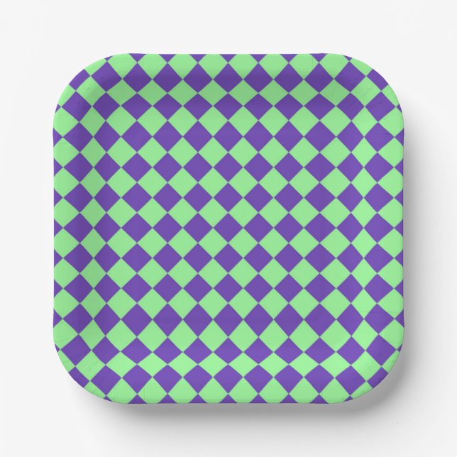 Purple Green Checker Diamond Pattern Paper Plates (Front)