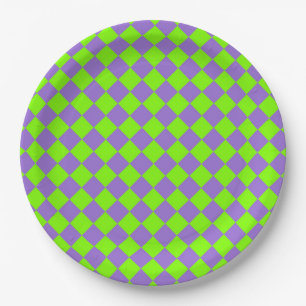 Purple Green Checker Diamond Pattern Paper Plates