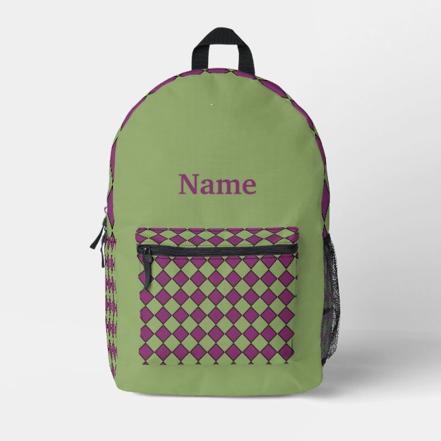 Purple Green Checker Diamond Pattern Printed Backpack (Front)