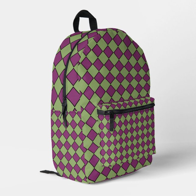 Purple Green Checker Diamond Pattern Printed Backpack (Back Corner Left)