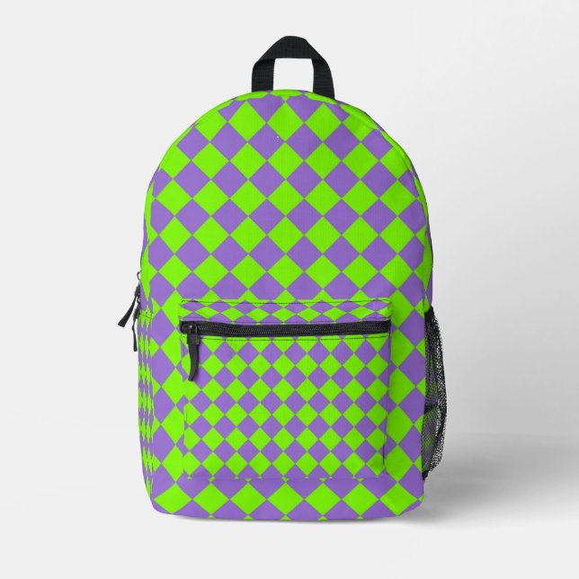 Purple Green Checker Diamond Pattern Printed Backpack (Front)