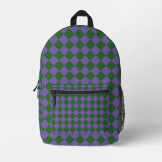 Purple Green Checker Diamond Pattern Printed Backpack