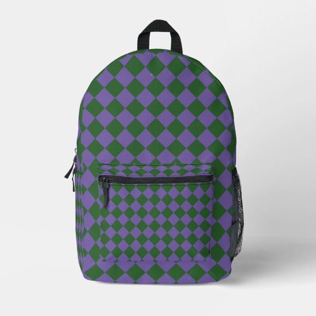Purple Green Checker Diamond Pattern Printed Backpack (Front)