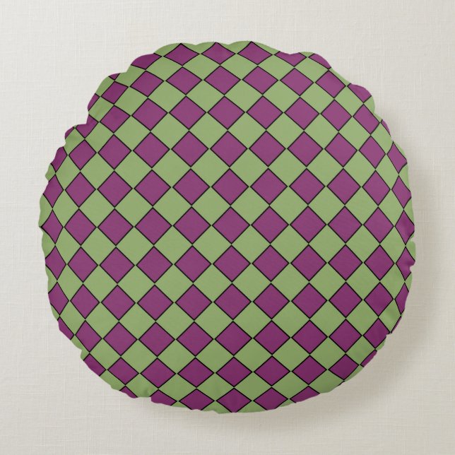 Purple Green Checker Diamond Pattern Round Pillow (Front)