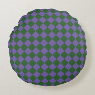 Purple Green Checker Diamond Pattern Round Pillow