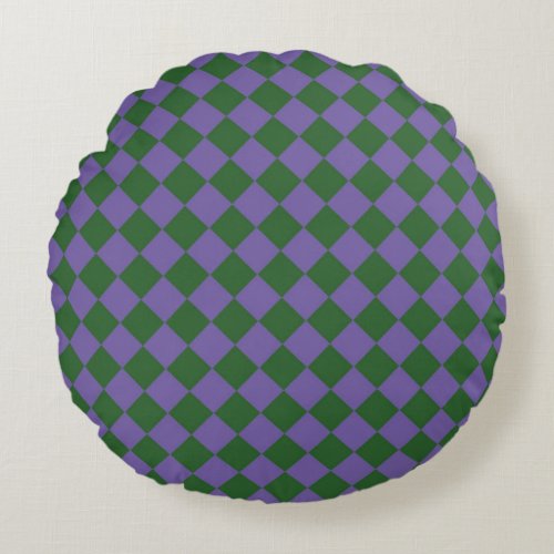 Purple Green Checker Diamond Pattern  Round Pillow