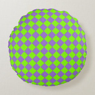 Purple Green Checker Diamond Pattern Round Pillow