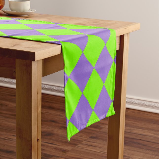 Purple Green Checker Diamond Pattern Short Table Runner (In Situ)