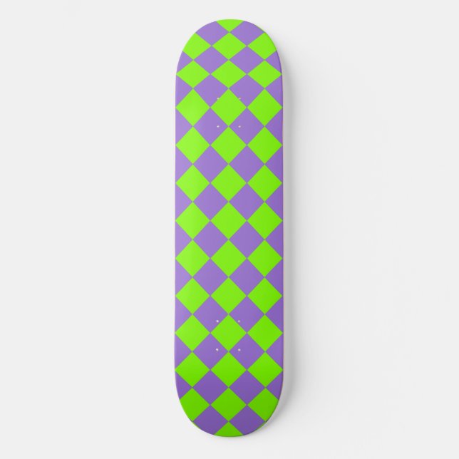 Purple Green Checker Diamond Pattern Skateboard (Front)