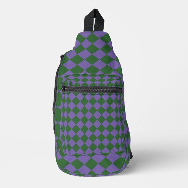 Purple Green Checker Diamond Pattern Sling Bag (Front)