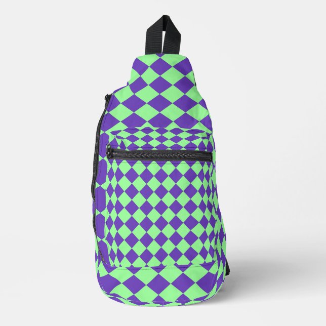 Purple Green Checker Diamond Pattern Sling Bag (Front)