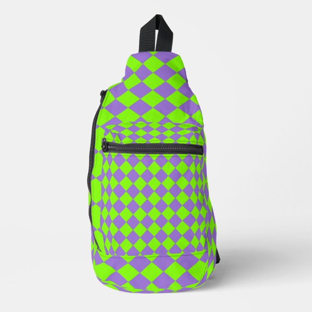 Purple Green Checker Diamond Pattern Sling Bag (Front)