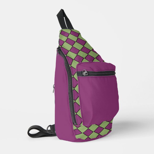Purple Green Checker Diamond Pattern Sling Bag (Left Corner)