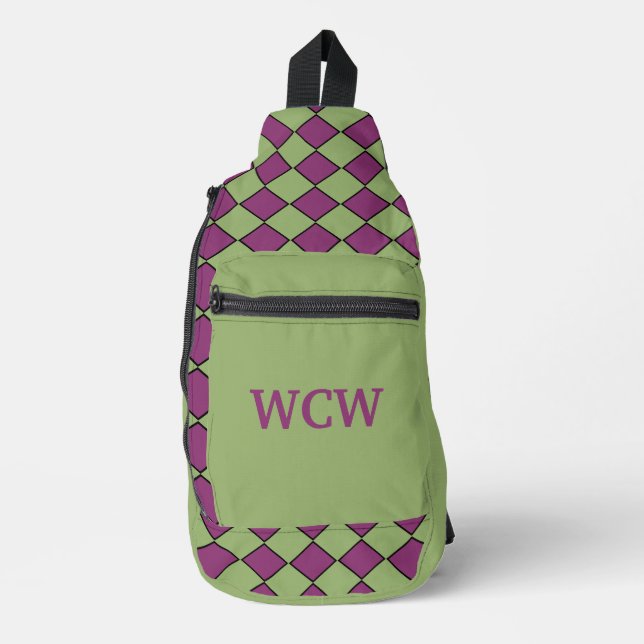 Purple Green Checker Diamond Pattern Sling Bag (Front)