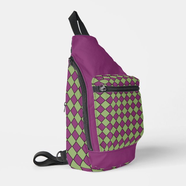 Purple Green Checker Diamond Pattern Sling Bag (Left Corner)