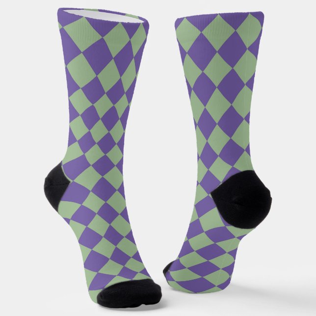 Purple Green Checker Diamond Pattern Socks (Angled)