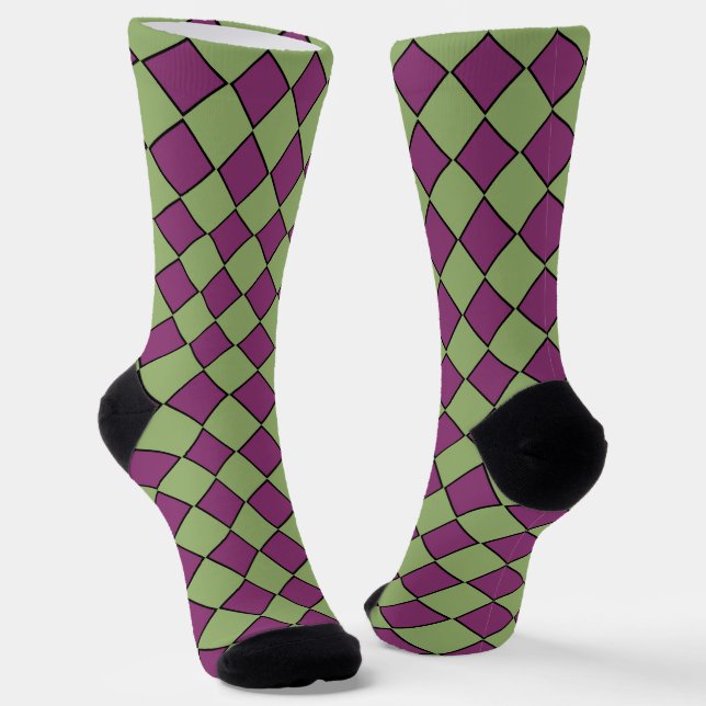 Purple Green Checker Diamond Pattern Socks (Angled)