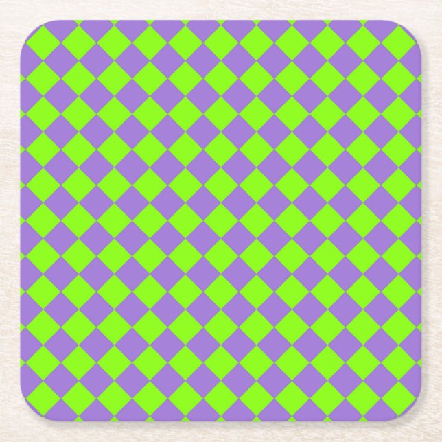 Purple Green Checker Diamond Pattern Square Paper Coaster (Front)