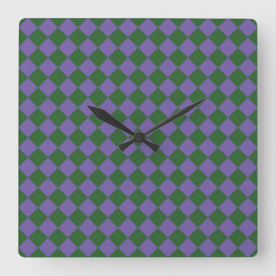 Purple Green Checker Diamond Pattern Square Wall Clock
