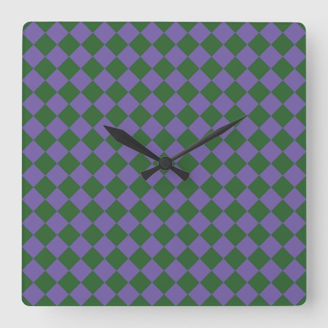Purple Green Checker Diamond Pattern Square Wall Clock (Front)