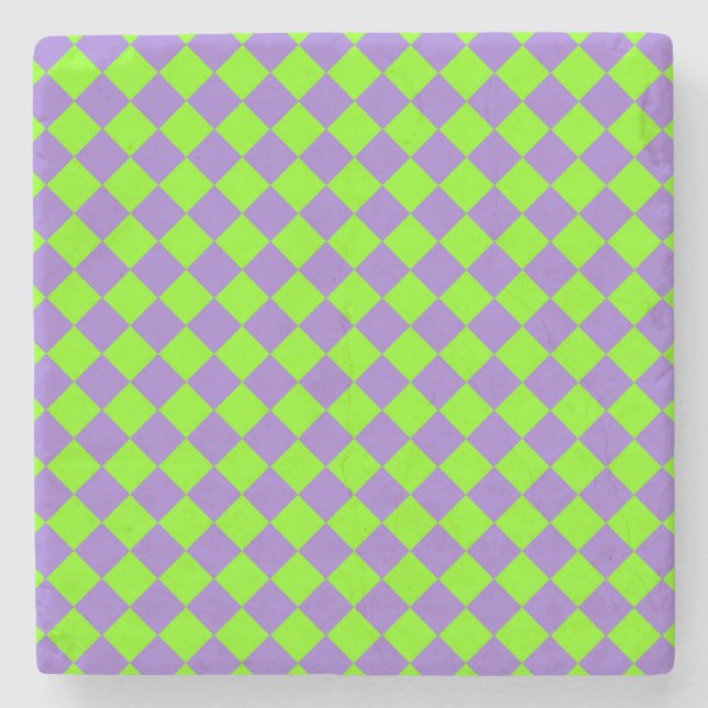 Purple Green Checker Diamond Pattern Stone Coaster (Front)