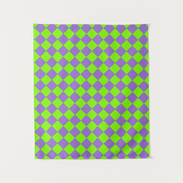 Purple Green Checker Diamond Pattern Tapestry (Front)