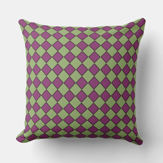 Purple Green Checker Diamond Pattern Throw Pillow (Front)
