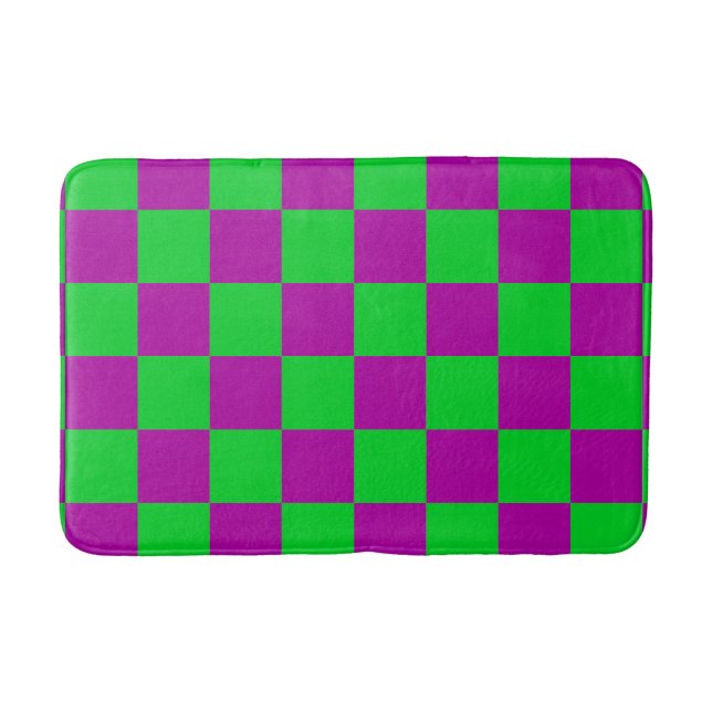 Purple Green Checkered Check Pattern Bath Mat (Front)