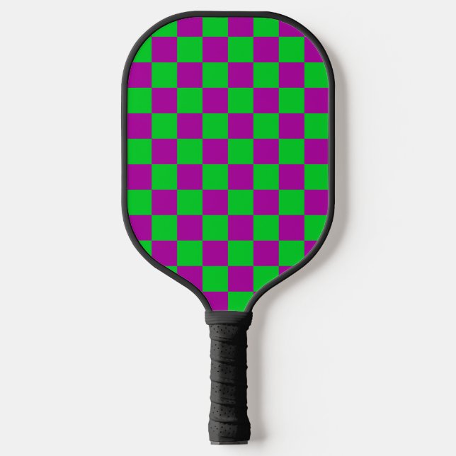 Purple Green Checkered Check Pattern Pickleball Paddle (Front)
