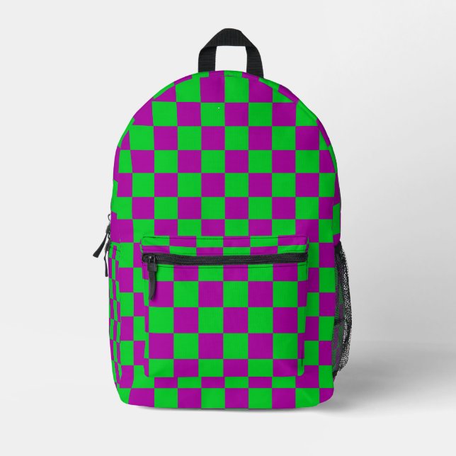 Purple Green Checkered Check Pattern Printed Backpack (Front)